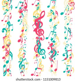Stripes of Musical Notes. Modern Background with Notes, Bass and Treble Clefs. Vector Element for Musical Poster, Banner, Advertising, Card. Minimalistic Simple Background.