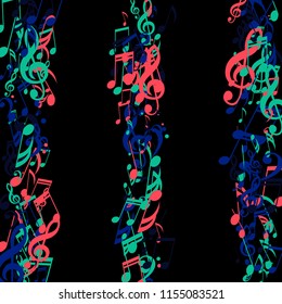 Stripes of Musical Notes. Modern Background with Notes, Bass and Treble Clefs. Vector Element for Musical Poster, Banner, Advertising, Card. Minimalistic Simple Background.