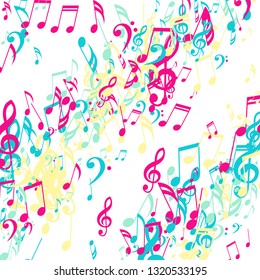 Stripes of Musical Notes. Modern Background with Notes, Bass and Treble Clefs. Vector Element for Musical Poster, Banner, Advertising, Card. Minimalistic Simple Background.