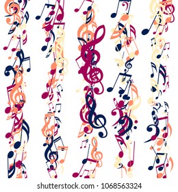 Stripes of Musical Notes. Trendy Background with Notes, Bass and Treble Clefs. Vector Element for Musical Poster, Banner, Advertising, Card. Minimalistic Simple Background.