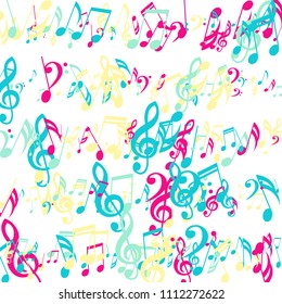 Stripes of Musical Notes. Trendy Background with Notes, Bass and Treble Clefs. Vector Element for Musical Poster, Banner, Advertising, Card. Minimalistic Simple Background.