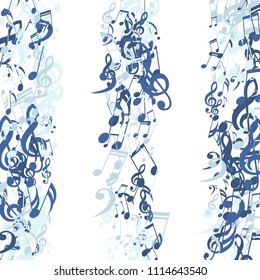 Stripes of Musical Notes. Trendy Background with Notes, Bass and Treble Clefs. Vector Element for Musical Poster, Banner, Advertising, Card. Minimalistic Simple Background.