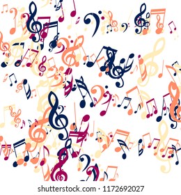 Stripes of Musical Notes. Trendy Background with Notes, Bass and Treble Clefs. Vector Element for Musical Poster, Banner, Advertising, Card. Minimalistic Simple Background.