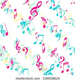 Stripes of Musical Notes. Trendy Background with Notes, Bass and Treble Clefs. Vector Element for Musical Poster, Banner, Advertising, Card. Minimalistic Simple Background.