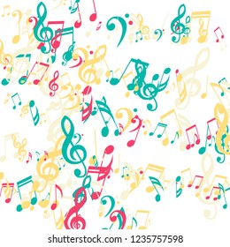 Stripes of Musical Notes. Trendy Background with Notes, Bass and Treble Clefs. Vector Element for Musical Poster, Banner, Advertising, Card. Minimalistic Simple Background.