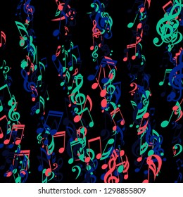 Stripes of Musical Notes. Trendy Background with Notes, Bass and Treble Clefs. Vector Element for Musical Poster, Banner, Advertising, Card. Minimalistic Simple Background.
