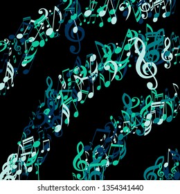 Stripes of Musical Notes. Trendy Background with Notes, Bass and Treble Clefs. Vector Element for Musical Poster, Banner, Advertising, Card. Minimalistic Simple Background.