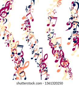 Stripes of Musical Notes. Trendy Background with Notes, Bass and Treble Clefs. Vector Element for Musical Poster, Banner, Advertising, Card. Minimalistic Simple Background.