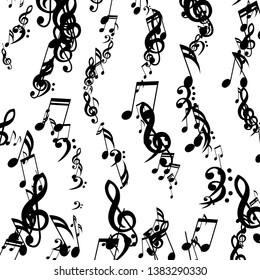 Stripes of Musical Notes. Trendy Background with Notes, Bass and Treble Clefs. Vector Element for Musical Poster, Banner, Advertising, Card. Minimalistic Simple Background.