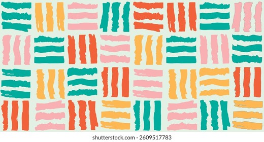 The stripes are painted in a rough, textured style, creating a dynamic and playful visual effect. The dominant colors are teal, orange, yellow, and pink, set against a light green background.