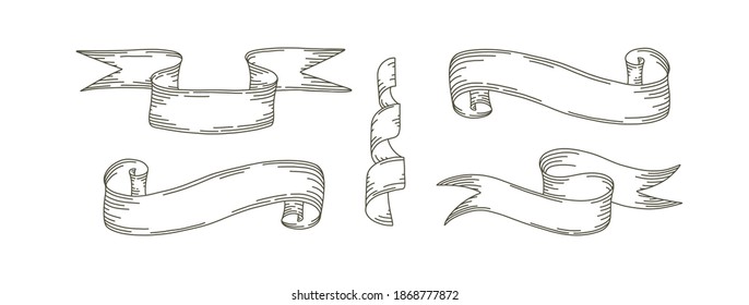 Stripes of parchments or old paper documents. Medieval ribbons of paper. Vector illustration in doodle style
