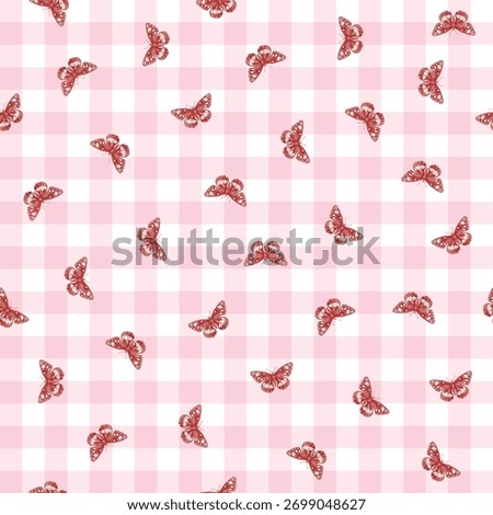 Stripes pattern on background pink. Seamless vichy chcked plaid with small decorative butterfly for tablecloth, dress, skirt, or other modern spring and summer textile print and repeatable