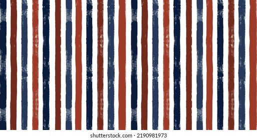 Stripes pattern, red and blue striped seamless vector background, patriotic american watercolor brush strokes. USA colors grunge stripes