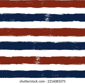 Stripes pattern, red and blue striped seamless vector background, patriotic american watercolor brush strokes. USA colors grunge stripes