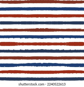 Patrón de rayas, fondo vectorial sin costuras de rayas rojas y azules, trazos de pincel de acuarela patriótico americano. Colores de EE.UU. rayas gruesas
