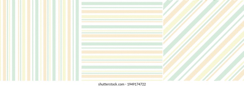 Stripes pattern seamless in pastel orange, green, yellow, white. Herringbone textured soft light lines for spring summer dress, shirt, blouse, notebook cover, other modern textile or paper print.