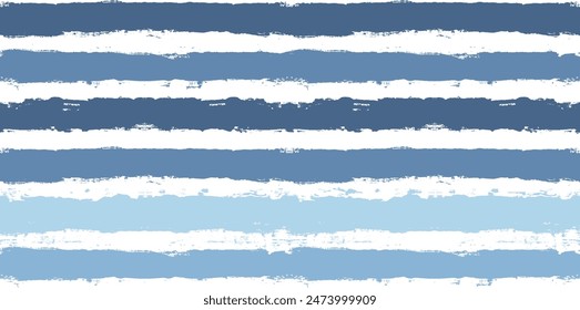 Stripes pattern, watercolor paintbrush lines, summer blue striped seamless vector background, navy brush grunge stripes.