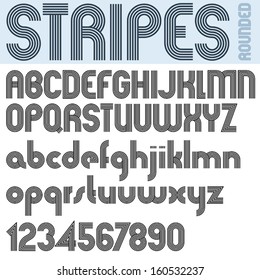 Stripes retro style graphic font, vector alphabet, trendy and stylish letters design. Best for use in retro style posters and graphic designs. Vector.