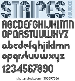 Stripes retro style graphic font, vector alphabet, trendy and stylish letters design. Best for use in retro style posters and graphic designs. Vector.