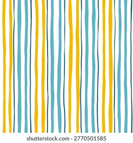 Stripes seamless pattern. Blue and yellow lines print. Watercolor sea stripes hand drown background