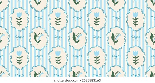 Stripes seamless pattern with hand drawn flower in ribbon frame with bow. floral elegant background. Perfect for decor, fabric, textile, wallpaper