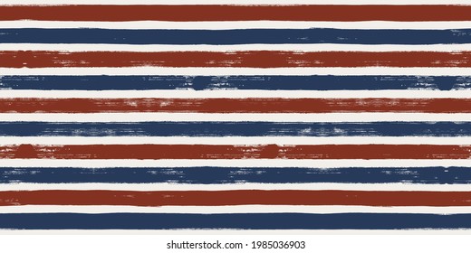 Stripes seamless pattern, red and blue patriotic striped vector background, american watercolor brush strokes. USA colors grunge stripes