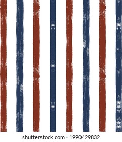 Stripes seamless pattern, red and blue patriotic striped vector background, american watercolor brush strokes. USA colors grunge stripes