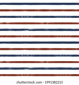 Stripes seamless pattern, red and blue patriotic striped vector background, american watercolor brush strokes. USA colors grunge stripes