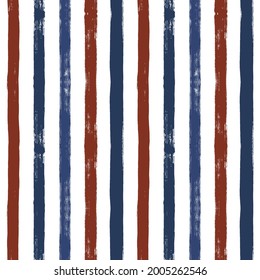 Stripes seamless pattern, red and blue patriotic striped vector background, american watercolor brush strokes. USA colors grunge stripes