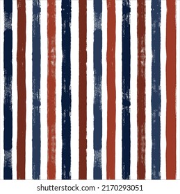 Stripes seamless pattern, red and blue patriotic striped vector background, american watercolor brush strokes. USA colors grunge stripes