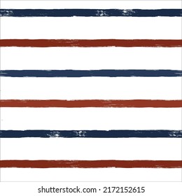 Stripes seamless pattern, red and blue patriotic striped vector background, american watercolor brush strokes. USA colors grunge stripes