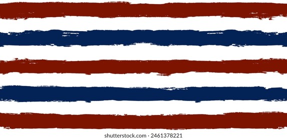 Stripes seamless pattern, red and blue patriotic striped vector background, american watercolor brush strokes. USA colors grunge stripes