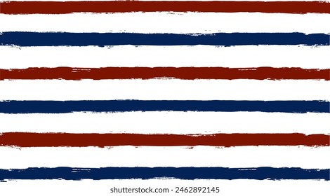 Stripes seamless pattern, red and blue patriotic striped vector background, american watercolor brush strokes. USA colors grunge stripes