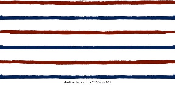 Stripes seamless pattern, red and blue patriotic striped vector background, american watercolor brush strokes. USA colors grunge stripes