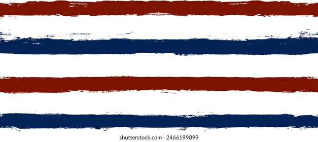 Stripes seamless pattern, red and blue patriotic striped vector background, american watercolor brush strokes. USA colors grunge stripes