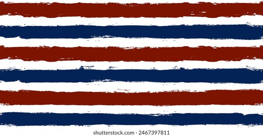 Stripes seamless pattern, red and blue patriotic striped vector background, american watercolor brush strokes. USA colors grunge stripes