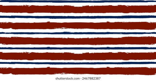 Stripes seamless pattern, red and blue patriotic striped vector background, american watercolor brush strokes. USA colors grunge stripes