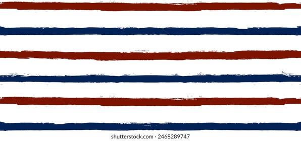 Stripes seamless pattern, red and blue patriotic striped vector background, american watercolor brush strokes. USA colors grunge stripes