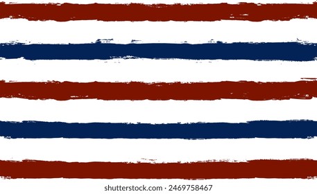 Stripes seamless pattern, red and blue patriotic striped vector background, american watercolor brush strokes. USA colors grunge stripes