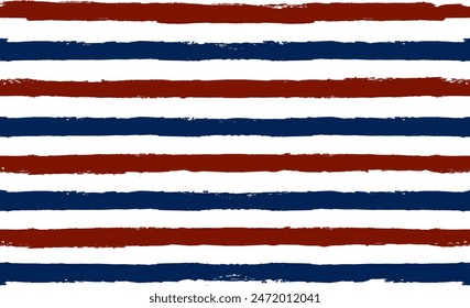 Stripes seamless pattern, red and blue patriotic striped vector background, american watercolor brush strokes. USA colors grunge stripes