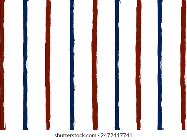 Stripes seamless pattern, red and blue patriotic striped vector background, american watercolor brush strokes. USA colors grunge stripes