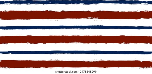 Stripes seamless pattern, red and blue patriotic striped vector background, american watercolor brush strokes. USA colors grunge stripes