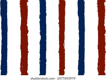 Stripes seamless pattern, red and blue patriotic striped vector background, american watercolor brush strokes. USA colors grunge stripes