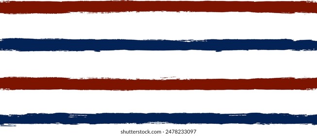 Stripes seamless pattern, red and blue patriotic striped vector background, american watercolor brush strokes. USA colors grunge stripes