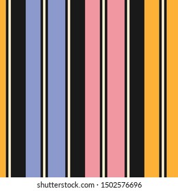 Stripes seamless pattern. Simple vector texture with thin and thick vertical lines. Modern abstract geometric striped background. Black, blue, pink, yellow and beige color. Repeated decorative design