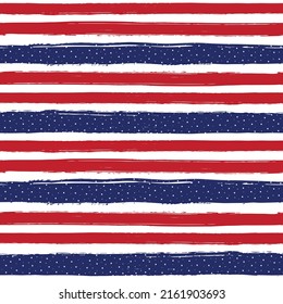 Stripes seamless pattern with star, red and blue patriotic Striped brush strokes background, american watercolor brush strokes. USA colors grunge stripes