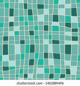 Stripes seamless pattern. Vector illustration of hand drawn lines with turquoise and light green squares on green background