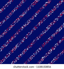 Stripes of Stars Confetti in White, Blue, Red, Navy Colors. USA Fashion Pattern Design. Liberty Patriotic Texture. Poster, Advertising Print Design Background.