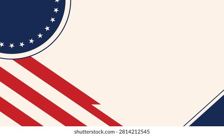 Stripes and stars form a bold, stylized patriotic design. Angles and curves give modern flair to traditional symbols. Vibrant red and navy contrast against soft cream background