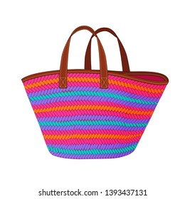 stripes straw bag, shopping tote bag, colorful summer beach bag, vector illustration sketch template isolated on white background